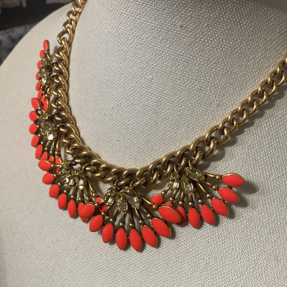 Stella & Dot |Coral Cay Chain Necklace Statement Orange Enamel Rhinestone - Picture 5 of 7